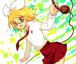  bespectacled blonde_hair female glasses green_eyes hair_ornament hairclip headphones kagamine_rin miyu_(matsunohara) necktie red-framed_eyewear ribbon skirt solo vocaloid 