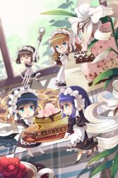  &gt;_&lt; 4girls ahoge apron artist_request black_hair blue_eyes blue_hair blunt_bangs bow bowl brown_hair chibi chief_maid closed_eyes cup dress flower fork frilled_dress frills glasses holding holding_fork leaf lowres maid maid_headdress mary_janes mini_person minigirl multiple_girls new_maid open_mouth orchid plaid plate pointing purple_hair ribbon shoes smile sparkle standing star_(symbol) sugar_cube sunflower swept_bangs sword_girls teacup teeth vase window 