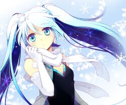  aqua_hair blue_eyes breasts cleavage earmuffs elbow_gloves female gloves hair_ornament hatsune_miku long_hair miyu_(matsunohara) scarf small_breasts snowflakes snowman_hair_ornament solo twintails upper_body vocaloid white_gloves white_scarf yuki_miku 