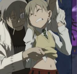  cigarette dr_franken_stein female glasses gloves grey_hair maka_albarn navel necktie screencap screenshot shirt_lift short_twintails soul_eater struggle struggling twintails twintails undressing 