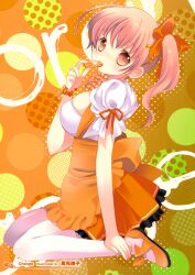  anna_miller blush breasts duplicate eating female food fruit highres image_sample kneeling large_breasts orange_(fruit) pantyhose side_ponytail solo tokumi_yuiko waitress yandere_sample 