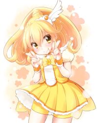  blonde_hair blush bow choker commentary_request cure_peace double_v female hair_flaps hair_ornament long_hair magical_girl photoshop_(medium) precure shorts shorts_under_skirt skirt smile smile_precure solo tiara v wide_ponytail wrist_cuffs yayoi_kise yellow_bow yellow_choker yellow_eyes yellow_shorts yellow_skirt yellow_theme yukiu_con 