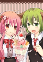  1boy ahoge animal_ears commentary_request dog_ears female food fruit green_hair kurot original parfait pink_hair red_eyes spoon strawberry 