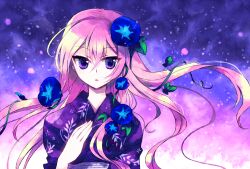  blue_flower female floating_hair flower hair_flower hair_ornament japanese_clothes kimono long_hair looking_at_viewer megurine_luka miyu_(matsunohara) morning_glory night night_sky parted_lips pink_hair plant purple_eyes purple_kimono sky solo star_(sky) upper_body vines vocaloid 