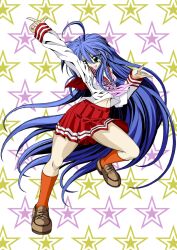  ahoge blue_hair commentary_request dancing female gassan green_eyes izumi_konata long_hair lucky_star mole mole_under_eye navel orange_socks pointing pointing_up ryouou_school_uniform school_uniform serafuku shoes skirt socks solo thighs very_long_hair 