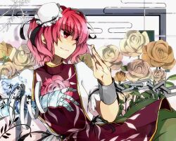  bad_id bad_pixiv_id bandages brown_flower brown_rose bun_cover chains chinese_clothes cuffs double_bun egasumi female fighting_stance floral_background flower hair_bun hands_up ibaraki_kasen leaf looking_to_the_side orange_flower orange_rose patterned pink_eyes pink_flower pink_hair pink_rose plant puffy_sleeves red_tabard rose shackles short_hair short_sleeves skirt smile sofy solo tabard touhou white_flower white_rose 