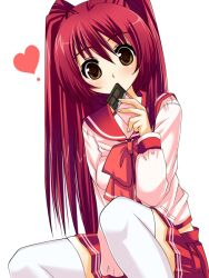  asahana_jun brown_eyes chocolate commentary_request female heart kousaka_tamaki red_hair school_uniform serafuku sitting skirt solo thighhighs to_heart_(series) to_heart_2 twintails wide-eyed 