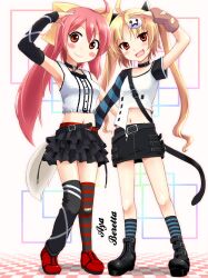  2girls ahoge arm_up arm_warmers asymmetrical_footwear asymmetrical_legwear bandaid bandaid_on_clothes bandaid_on_knee bandaid_on_leg belt beretta_(kitahara_tomoe) blonde_hair blush blush_stickers bow brown_eyes checkered_floor choker commentary_request flat_chest full_body hair_ornament hairbow large_bow long_hair looking_at_viewer midriff mismatched_footwear mismatched_legwear multiple_girls navel oerba_yun_fang open_mouth original pink_hair regdic sakurazaki_aya shoes skirt smile standing striped_clothes striped_thighhighs tail thighhighs twintails 