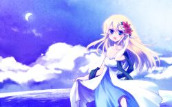  :d bad_id bad_pixiv_id blonde_hair blue_eyes blush cloud cloudy_sky crescent_moon female floating_hair flower hair_flower hair_ornament long_hair miyu_(matsunohara) moon open_mouth original pointy_ears red_flower sky smile solo 