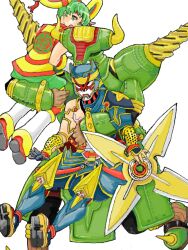  2boys antonio_lopez armor carrying chinese_clothes commentary_request detached_sleeves dragon_kid female green_eyes green_hair hat helmet horns huang_baoling ivan_karelin mirage_(noqy) multiple_boys origami_cyclone ponytail power_armor rock_bison short_hair shorts shuriken superhero_costume tegaki thighhighs tiger_&amp;_bunny weapon 