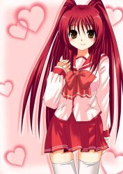  asahana_jun blush brown_eyes commentary_request female heart kousaka_tamaki long_hair red_hair school_uniform serafuku skirt sleeves_past_wrists smile solo thighhighs to_heart_(series) to_heart_2 twintails zettai_ryouiki 