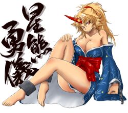  alternate_costume bare_shoulders barefoot blonde_hair blue_dress blue_kimono breasts cleavage commentary_request cuffs dress feet female hand_on_own_knee horns hoshiguma_yuugi hoshiguma_yuugi_(kimono) japanese_clothes kimono large_breasts leg_up legs off_shoulder panties pantyshot ponytail red_eyes sash shackles single_horn sitting smile solo star_(symbol) suzurino toes touhou translated underwear white_panties 