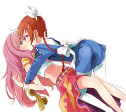  2girls ahoge arika_yumemiya blush braid brown_hair commentary_request couple crop_top holding_another&#039;s_wrist kissing leg_between_thighs long_hair maromi_(am97) mashiro_blan_de_windbloom meister_otome_uniform midriff multiple_girls my-otome pantyhose pink_hair skirt twin_braids uniform white_background white_legwear yuri 