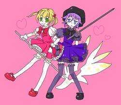  177 1other androgynous blonde_hair blue_eyes blush bow cardcaptor_sakura cosplay crona_(soul_eater) dress female frills hat heart kinomoto_sakura kinomoto_sakura_(cosplay) kinomoto_sakura_(magic_dream_costume) looking_at_viewer maka_albarn purple_hair ragnarok_(demon_sword) short_hair simple_background smile soul_eater soul_evans sword thighhighs twintails weapon wings 