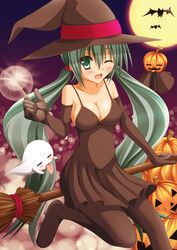  bad_id bad_pixiv_id bat_(animal) blush boots broom broom_riding commentary_request dress elbow_gloves female full_moon ghost gloves green_eyes green_hair halloween hat hatsune_miku jack-o&#039;-lantern long_hair moon night one_eye_closed open_mouth pantyhose photoshop_(medium) shunrei_(blue_sanctuary) solo thigh_boots thighhighs twintails very_long_hair vocaloid witch_hat 