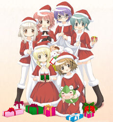  6+girls :3 :d black_eyes blonde_hair blush boots brown_eyes capelet christmas commentary_request curly_hair double_bun dress gift glasses green_eyes green_hair hair_bun hat hidamari_sketch hiro_(hidamari_sketch) kahis_(sweetbriar) knee_boots kyuubee long_hair mahou_shoujo_madoka_magica mahou_shoujo_madoka_magica_(anime) miyako_(hidamari_sketch) multiple_girls nazuna_(hidamari_sketch) nori_(hidamari_sketch) open_mouth pantyhose purple_hair red_eyes red_hair sack sae_(hidamari_sketch) santa_costume santa_hat short_hair short_twintails smile standing stuffed_animal stuffed_toy thighhighs twintails ume-sensei yellow_eyes yuno_(hidamari_sketch) zettai_ryouiki 