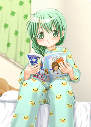  bed braid clover commentary_request curtains female four-leaf_clover from_below green_eyes green_hair hidamari_sketch kahis_(sweetbriar) long_hair magazine_(object) natsume_(hidamari_sketch) pajamas reading solo 