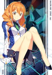  arm_support bad_link baldr_(series) baldr_sky_zero bare_shoulders black_cat breasts copyright_name drill_hair feline female high_heels katou_itsuwa long_hair marel md5_mismatch medium_breasts necktie orange_hair sitting smile solo twin_drills uniform yellow_eyes 