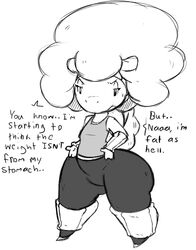  anthro ass big_butt big_hair bluebell bodily_fluids bottomwear bovid caprine clothing dialogue domestic_sheep english_text eyelashes female flat_chested hair leg_warmers legwear mammal monochrome roy_mccloud sheep short_stack shorts solo spandex spandex_shorts sweat sweatdrop text thick_thighs tight_bottomwear tight_clothing tight_shorts wide_hips 