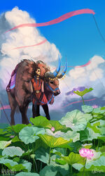  alcelaphine ambiguous_gender antelope belt bottomwear bovid bridle clothed clothing cloud detailed_background duo female feral flower gloves gnu handwear holding_object human kalambo lotus_(flower) mammal nature outside pants plant reins saddle shirt sky standing storm topwear tunic 