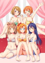  5girls ankle_garter bare_shoulders barefoot blue_eyes blue_hair blush bow bow_bra bra breasts bridal_garter brown_hair cleavage collarbone comiket_91 commentary_request green_eyes hairbow highres holding_hands hoshisakura_(starblossom) hoshizora_rin interlocked_fingers koizumi_hanayo kosaka_honoka long_hair love_live! love_live!_school_idol_project medium_breasts minami_kotori multiple_girls navel one_eye_closed orange_hair outstretched_arm panties purple_eyes short_hair sitting smile sonoda_umi underwear underwear_only yellow_eyes 