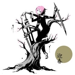  177 1other androgynous barefoot black_dress cherry_blossoms crona_(soul_eater) dress extra_arms holding holding_sword holding_weapon long_sleeves looking_at_viewer looking_back monochrome pink_hair ragnarok_(demon_sword) short_hair simple_background soul_eater spot_color sword tree weapon white_background 