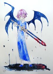  177 1other :p androgynous blood blood_on_weapon crona_(soul_eater) dress looking_at_viewer painting_(medium) pink_eyes pink_hair ragnarok_(demon_sword) short_hair simple_background soul_eater sword tongue tongue_out traditional_media watercolor_(medium) weapon wings 