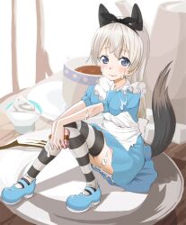  akita_(akitatta) animal_ears bad_id bad_pixiv_id blue_eyes blush bow cup eila_ilmatar_juutilainen female fork fox_ears fox_girl fox_tail grey_hair hairbow heart inactive_account long_hair maid mary_janes mini_person minigirl photoshop_(medium) plate shoes sitting solo strike_witches striped_clothes striped_thighhighs sugar_cube tail teacup teapot thighhighs world_witches_series 