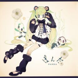  animal_costume animal_ears animal_hands arms_up asymmetrical_legwear bad_id bad_pixiv_id bamboo female garter_straps green_eyes green_hair hatsune_miku headphones leg_warmers letterboxed long_hair mismatched_legwear mouth_hold open_mouth panda panda_costume panda_ears print_thighhighs sitting solo souno_kazuki thighhighs twintails very_long_hair vocaloid 