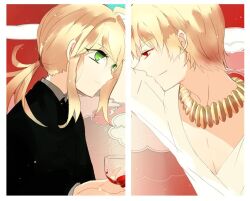  1boy blonde_hair fate/stay_night fate/zero fate_(series) female female gilgamesh green_eyes jewelry long_hair male ponytail red_eyes saber serious short_hair smile 