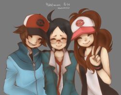  cheren_(pokemon) closed_eyes ginkun grin pokemon pokemon_(game) pokemon_black_and_white pokemon_bw simple_background smile touko_(pokemon) touya_(pokemon) 