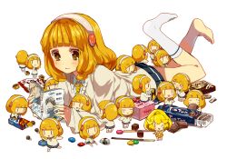  &gt;_&lt; 6+girls :3 =_= aano_(10bit) blonde_hair book brand_name_imitation brown_eyes candy cardigan chibi chocolate closed_eyes commentary_request cure_peace eating feet food hairband lying m&amp;m&#039;s manga_(object) mini_person minigirl multiple_girls nanairogaoka_middle_school_uniform odd_one_out on_stomach pocky precure reading school_uniform short_hair single_sock skirt smile smile_precure socks strawberry_pocky tears tim_tam tirol_chocolate white_background white_hairband yayoi_kise yellow_eyes |_| 