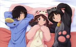  3girls absurdres amagami bell black_eyes black_hair brown_hair cropped highres inomata_masami jingle_bell lying multiple_girls nakata_sae nanasaki_ai on_back on_stomach one_eye_closed pajamas paw_pose short_hair tachibana_miya tail 