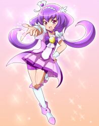  :d bad_id bad_pixiv_id bike_shorts bike_shorts_under_skirt boots choker crossover eyelashes female full_body hand_on_own_hip happy highres km_yama long_hair low_twintails magical_girl open_mouth parody pink_eyes pointing precure purple_background purple_hair purple_skirt purple_theme skirt smile smile_precure solo standing standing_on_one_leg tiara touhou twintails unofficial_precure_costume wrist_cuffs yasaka_kanako 