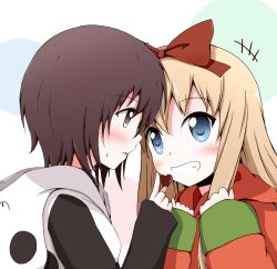  2girls aikawa_ryou animal_costume arm_up blonde_hair blue_eyes blush brown_eyes brown_hair candy chocolate commentary_request feeding food funami_yui grin hair_ribbon heart heart-shaped_chocolate long_hair multiple_girls panda_costume ribbon short_hair smile toshinou_kyouko valentine yuri yuru_yuri 