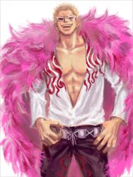  1boy arisue_kanako blonde_hair commentary_request donquixote_doflamingo feather_boa hands_on_own_hips male_focus muscular one_piece pants smile solo standing sunglasses 