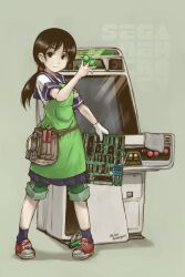  apron arcade_cabinet astro_city bag black_eyes black_hair buttons capri_pants circuit_board commentary_request english_text female gloves long_hair mechanic original pants photoshop_(medium) pigeon-toed ponytail satomura_kyou school_uniform shoes single_glove smile sneakers solo 