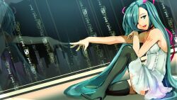  aqua_eyes aqua_hair aquasnow bare_shoulders binary boots commentary_request dutch_angle female hair_over_one_eye hatsune_miku highres long_hair looking_at_viewer open_mouth reflection sitting skirt smile solo thigh_boots thighhighs twintails very_long_hair vocaloid white_skirt zettai_ryouiki 