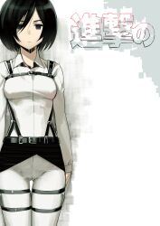  black_eyes black_hair bob_cut bodysuit commentary_request female highres mikasa_ackerman namaniku_atk photoshop_(medium) shingeki_no_kyojin short_hair solo thigh_gap three-dimensional_maneuver_gear translated 