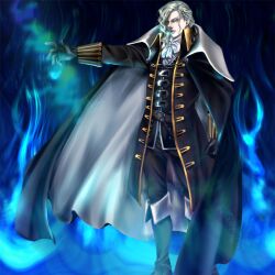  1boy alucard_(castlevania) alucard_(castlevania)_(cosplay) ascot blue_fire boots cape castlevania:_symphony_of_the_night castlevania_(series) commentary_request cosplay crouton256 fire gloves grey_hair hair_ornament hairclip lips long_coat long_hair look-alike male_focus parody solo tiger_&amp;_bunny wavy_hair yuri_petrov 