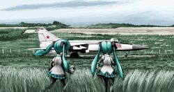  3girls aircraft airplane camera commentary_request fighter_jet hatsune_miku historical_event jet long_hair mig-25 military military_vehicle multiple_girls parody rxjx soviet soviet_air_force twintails viktor_ivanovich_belenko vocaloid 