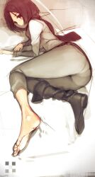  ass barefoot bed black_eyes black_hair bob_cut boots capri_pants commentary_request feet female foreshortening from_behind highres long_sleeves looking_at_viewer looking_back lying mikasa_ackerman muted_color namaniku_atk on_side panties pants pantylines photoshop_(medium) shingeki_no_kyojin shirt shoes short_hair single_boot single_shoe soles solo toes underwear 