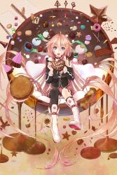  ahoge asymmetrical_legwear blue_eyes boots candy chocolate chocolate_bar chocolate_chip_cookie choker commentary_request cookie doughnut female food food_on_face heart heart-shaped_chocolate ia_(vocaloid) kamome_yuu long_hair looking_at_viewer marshmallow md5_mismatch open_mouth pink_hair pinky_out pocky resolution_mismatch sandwich_cookie single_thighhigh skirt solo source_smaller sweets thighhighs uneven_legwear valentine very_long_hair vocaloid 