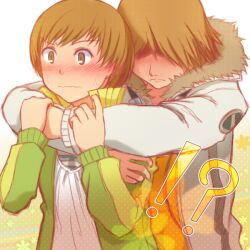  !? 1boy blush brown_eyes brown_hair commentary_request couple embarrassed female hanamura_yousuke hug hug_from_behind jacket open_clothes open_jacket parka persona persona_4 satonaka_chie straight surprised track_jacket wavy_mouth yuugure 