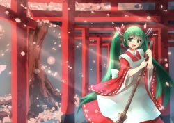  :d bamboo_broom broom cherry_blossoms commentary_request female green_eyes green_hair hatsune_miku japanese_clothes light_rays long_hair miko multiple_torii mushiboy open_mouth petals smile solo sunbeam sunlight torii twintails very_long_hair vocaloid 