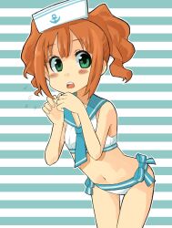  bikini blush commentary_request female flat_chest green_eyes hat highres idolmaster idolmaster_(classic) midriff navel neriume open_mouth orange_hair sailor_bikini sailor_collar sailor_hat sailor_swimsuit_(idolmaster) solo swimsuit takatsuki_yayoi thigh_gap twintails 