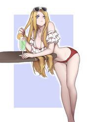  bare_shoulders bendy_straw bikini blonde_hair blue_eyes breasts bright_pupils cleavage closed_mouth commentary_request cup drink drinking_glass drinking_straw eyewear_on_head female final_fantasy final_fantasy_xiv food frown fruit fuka_(kirrier) garlean genderswap_(mtf) highres large_breasts legs long_hair looking_away looking_up orange_(fruit) orange_slice red_bikini ribbon-trimmed_bikini ribbon_trim rule_63 solo straight_hair sunglasses swimsuit thigh_gap third_eye very_long_hair white_bikini white_pupils zenos_yae_galvus 