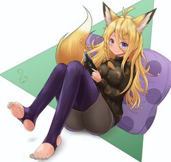  ahoge animal_ears antenna_hair ass blonde_hair blue_eyes blue_nails braid breasts closed_mouth commentary_request crescent crescent_print cushion eyelashes feet female fox_ears fox_girl fox_tail full_body hair_between_eyes hair_ornament hairclip highres knees_together_feet_apart large_breasts leaning_back long_hair long_sleeves looking_at_viewer mole mole_under_eye nail_polish nintendo_switch no_shoes oerba_yun_fang original purple_legwear sidelocks signature simple_background sitting skin_fang smile soles solo sweater t3x tail thighs toenail_polish toenails toes turtleneck turtleneck_sweater two-tone_background 