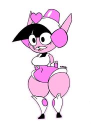  anthro armor clothed clothing cosplay crossover cuddle_team_leader epic_games female fortnite headgear headwear heart_symbol helmet hi_res mighty_switch_force! patricia_wagon pink_body rexon02 simple_background solo standing thick_thighs tongue tongue_out toony wayforward white_background wide_hips 