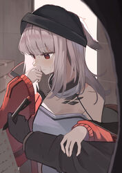  1other absurdres arknights bare_shoulders beanie black_gloves black_headwear blush closed_mouth commentary_request dress ears_through_headwear female frostleaf_(arknights) gloves grey_hair hand_up hat highres jacket long_hair long_sleeves looking_down off_shoulder open_clothes open_jacket puffy_long_sleeves puffy_sleeves red_eyes red_jacket sleeves_past_wrists suzubotan sweat white_dress 